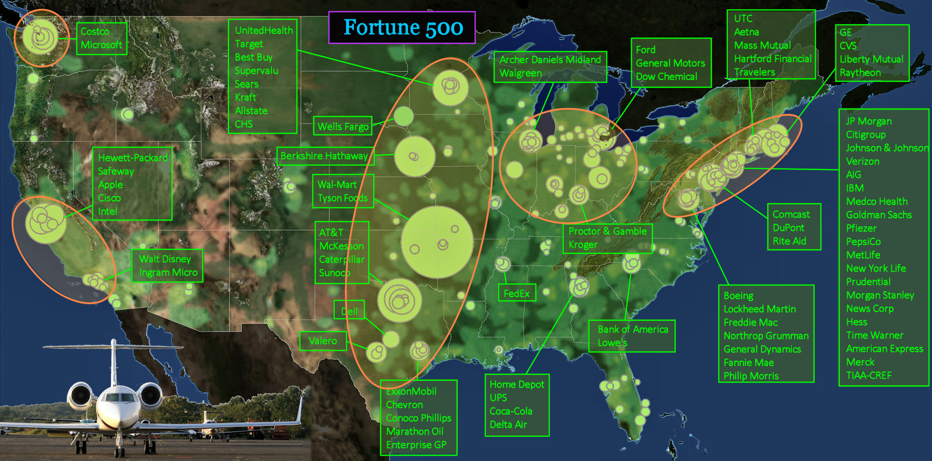 Profit centers, Fortune 500, 2010s map
